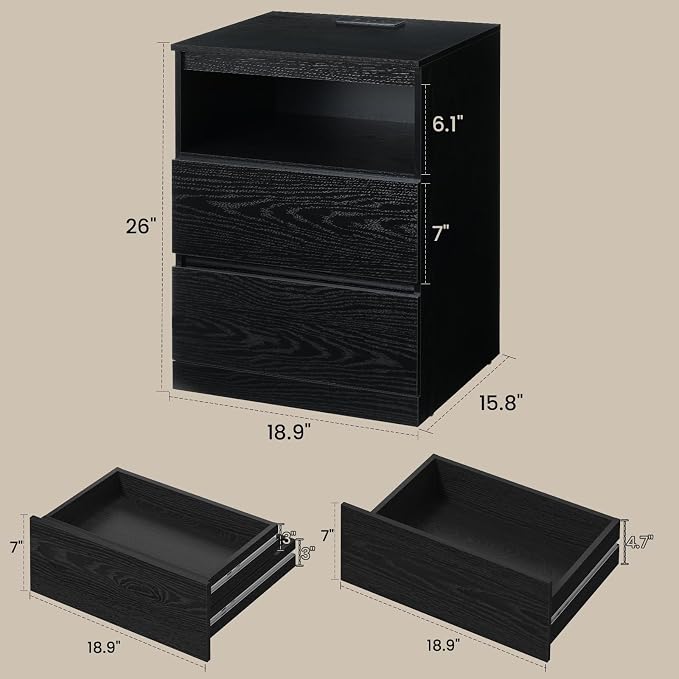 Nightstand with Charging Station, LED Lights and Hidden Drawer, Modern Night - Image 3
