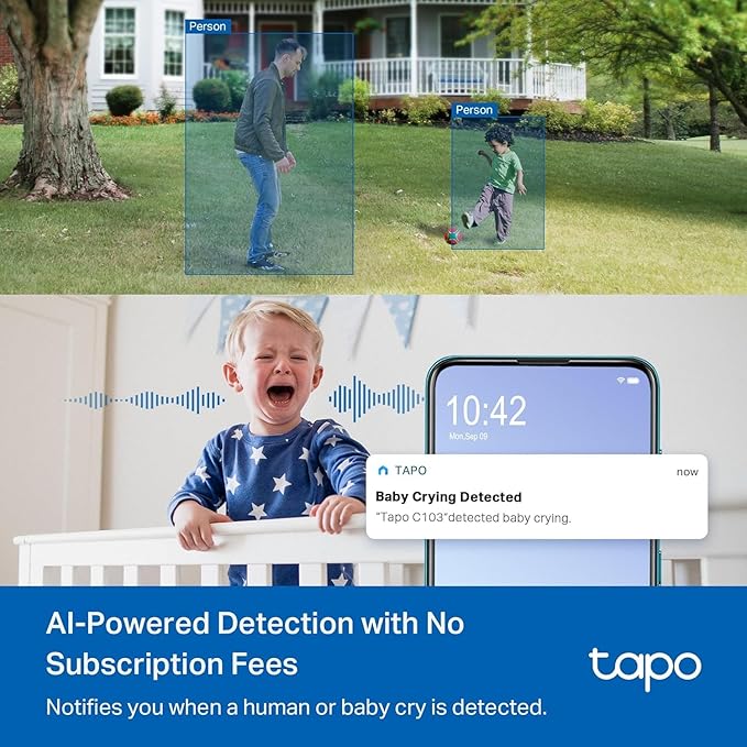 Tapo 2K Indoor/Outdoor Pan/Tilt Wired Security Camera - Baby Monitoring, Person & Baby Cry Detection, 360° Motion Tracking, Color Night Vision, Subscription-Free Local Storage or Optional Cloud, C217