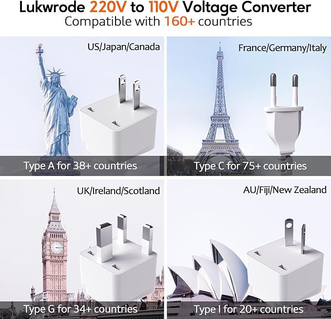 Lukwrode 220V to 110V Voltage Converter Universal Travel Adapter with 35W PD 2 Type C Port 2 USB A Port,US to Europe International Power Converter Combo Plug for Worldwide European US EU AU UK White-W
