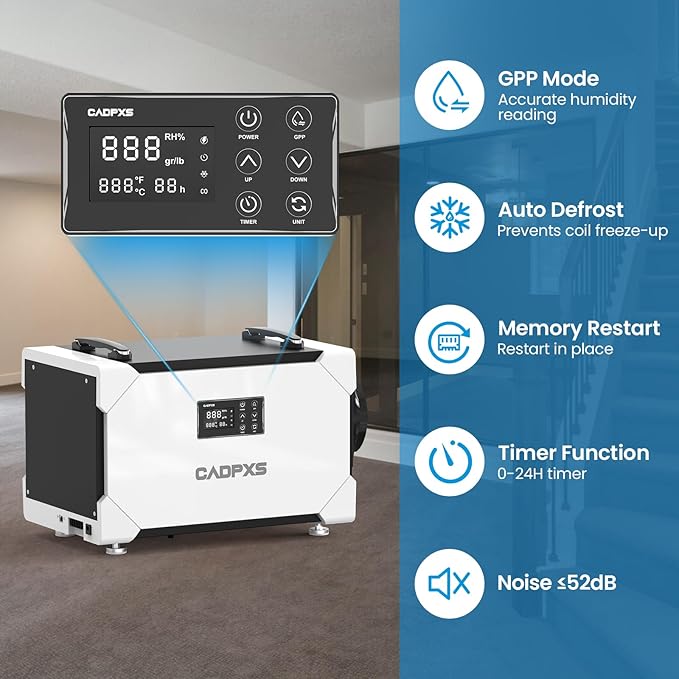CADPXS Crawlspace Dehumidifier, 145 Pints Commercial-Grade Dehumidifier with Drain Hose for Crawl Spaces, Basements, Industrial and Water Damage Use, Large Capacity, Auto Defrost, Memory Restart, cETL