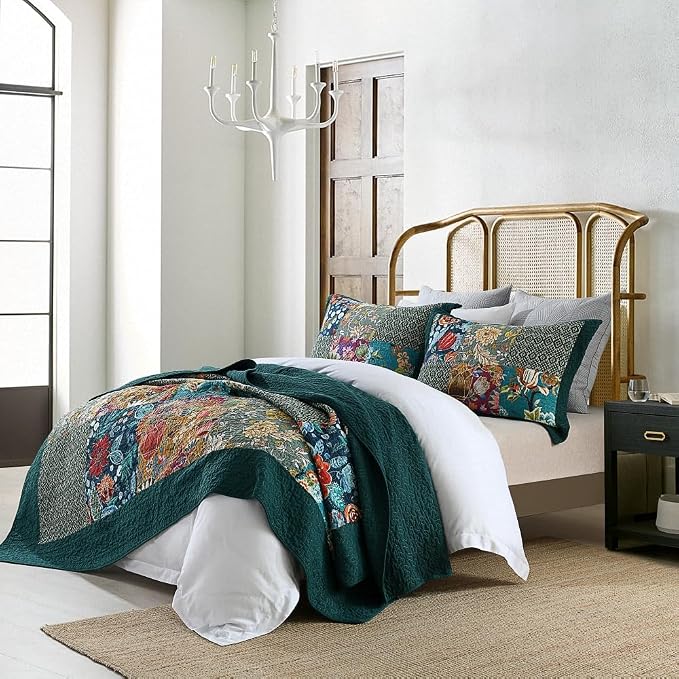 Autumn Dream Cotton Bedspread Luxury Vintage Turquoise Patchwork Quilt Bedding - Image 9
