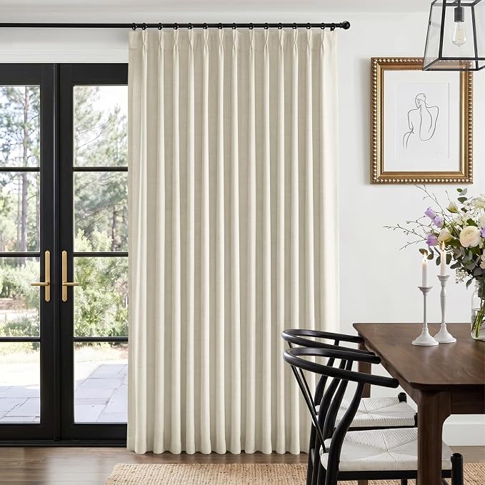 Pinch Pleated Full Blackout Faux Linen Curtains 102 Inches Long | Beige White by 100BlackoutShield