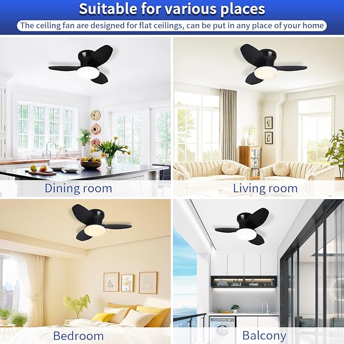Glowall Small Ceiling Fan with Lights, 25" Flush Mount with Remote Control, Reversible Quiet DC Motor, Black, 3 Blades, 6 Speeds, Dimmable LED, Adjustable Color Temperature, Timer