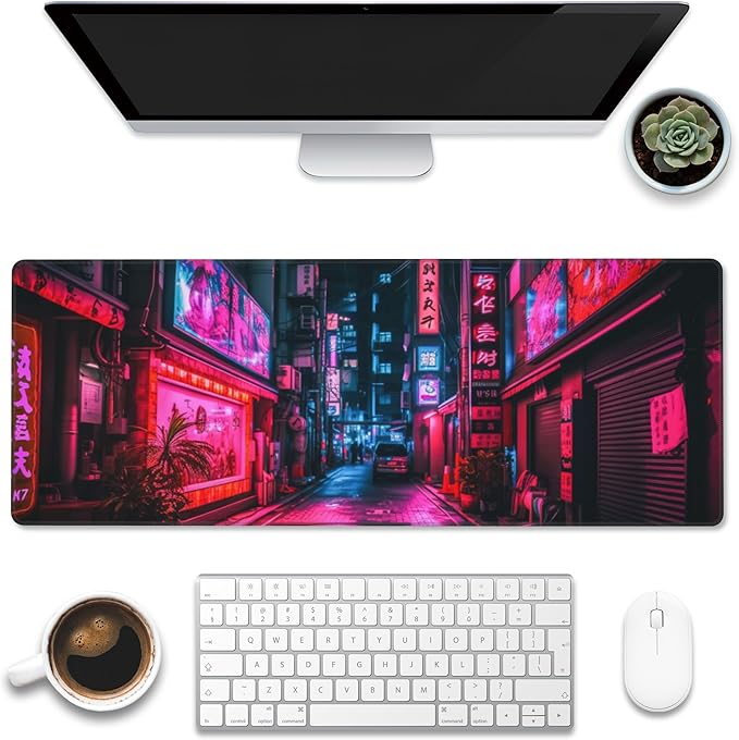 Eflxamz Desk Mat,Japanese Anime Neon Street Desk Pad,Anime City Large Gaming Mouse Pad for Desk,Extended Big Computer Keyboard Mouse Pad with Non-Slip Base and Stitched Edge,31.5"x11.8"