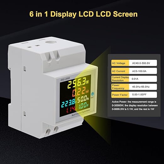 D52-2066 Single Phase Energy Meter with LCD Display Din Rail Electricity Usage Monitor for Voltage Current Power KWh Frequency Power Factor - 220V AC 40V-300V 100A Household & Industrial Use