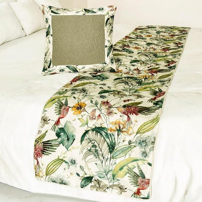 The HomeCentric King Queen Twin Ivory & Multi Designer Queen 74"x18" Bed Runner with 2 Pillow Cover, Bird, Sequins & Beaded Bed Scarf on Cotton Fabric - Exotic Birds