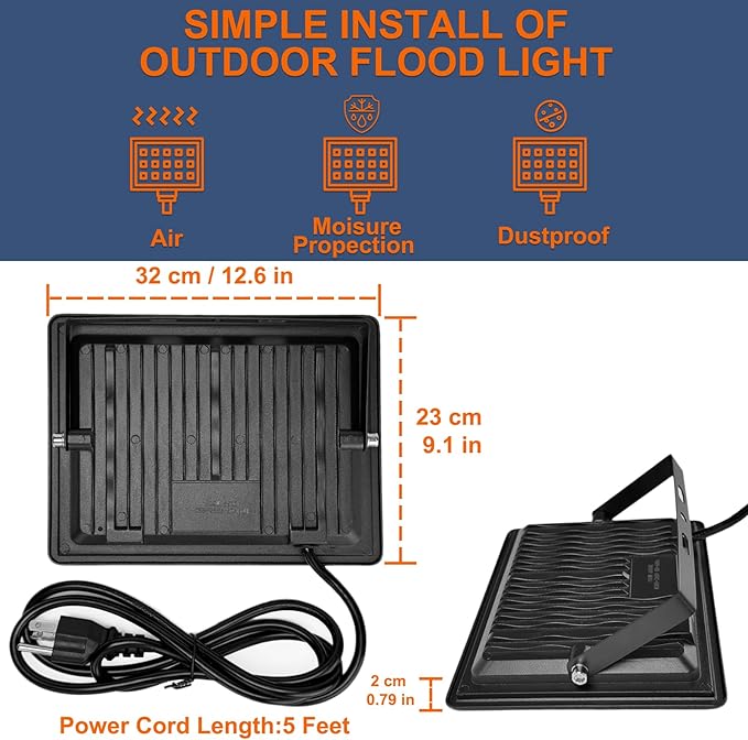 XXBSAZ 300W LED Flood Light Outdoor, High Power Plug-in & Hardwired Commercial Work Light, IP66 Waterproof 6500K Daylight for Parking Lots, Warehouses & Construction Sites (2 Pack)
