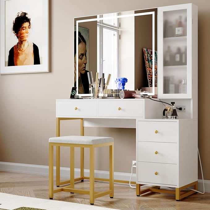 Vanity Set with Lighted Mirror and Charging Station, Extra Large Mirror Makeup Vanity Table with Cushioned Stool,5 Drawers, Modern Vanity Table with Nightstand