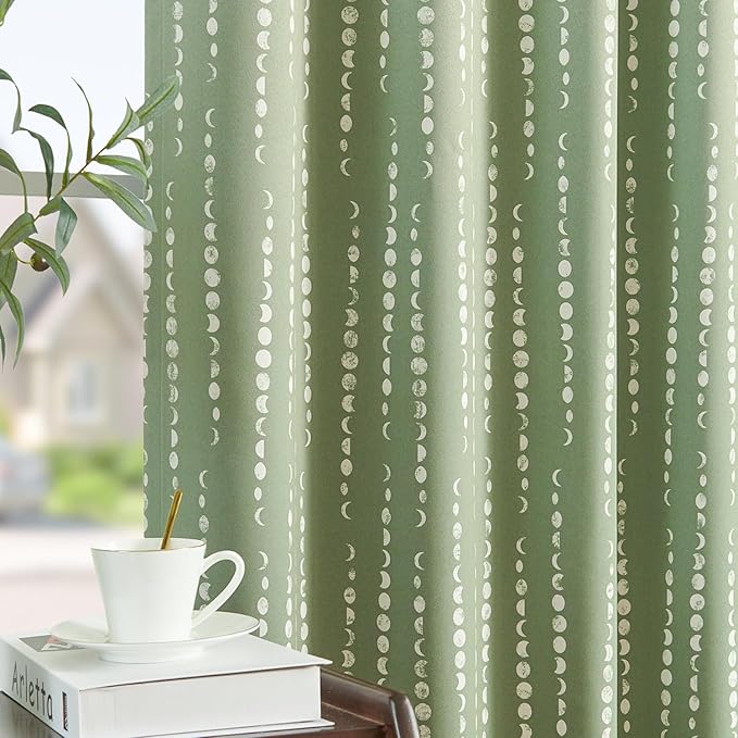 jinchan Boho Blackout Curtains 84 Inches Long Moon Phase Printed Drapes | Sage by JINCHAN