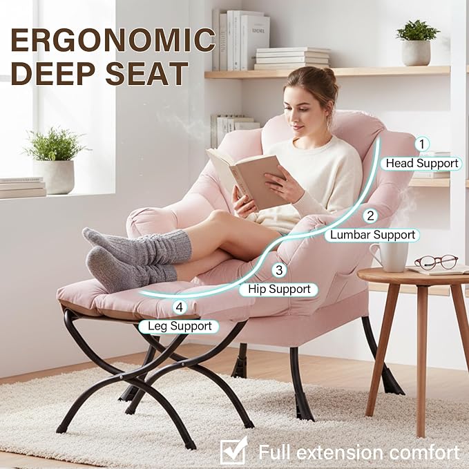 Welnow Lazy Chair with Ottoman, Reading Chair with Footrest, Foldable Footrest - Image 7