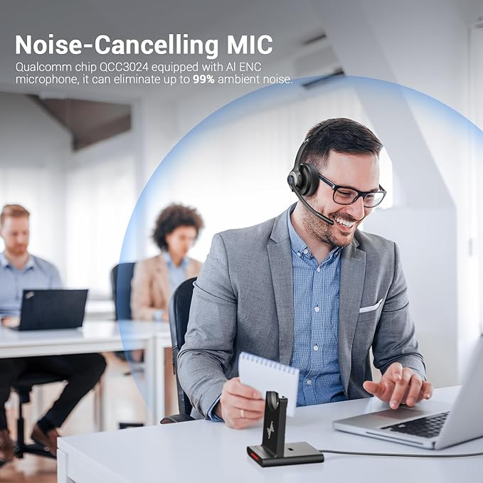 JIAMQISHI Bluetooth Headset - Wireless Headset with Noise Cancelling Microphone, V5.2 Computer Headphones with USB Dongle, Charging Base & Mic Mute for Work/Call Center/PC/Laptop/Online Class/Zoom
