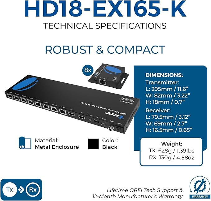 OREI 4K 1x8 HDMI Extender Splitter Multiple Over CAT 6/7 Cable with EDID management - 4K@30Hz upto 165ft and 1080p@60Hz upto 230ft- Loop Out