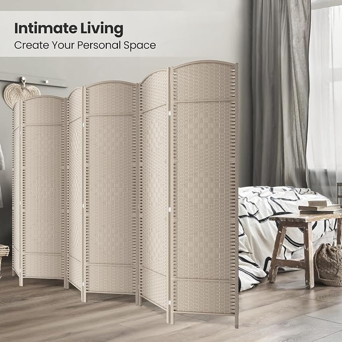 6 Panel Folding Room Divider, Woven Privacy Screen, handcrafted diamond pattern - Image 4