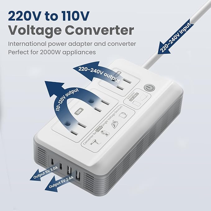 Mapambo 2000W Voltage Converter US to Europe, 7 in 1 Converter for European Travel for Hair Dryer, Kettles, Coffee Makers and etc. 220v to 110v Converter for International Travels