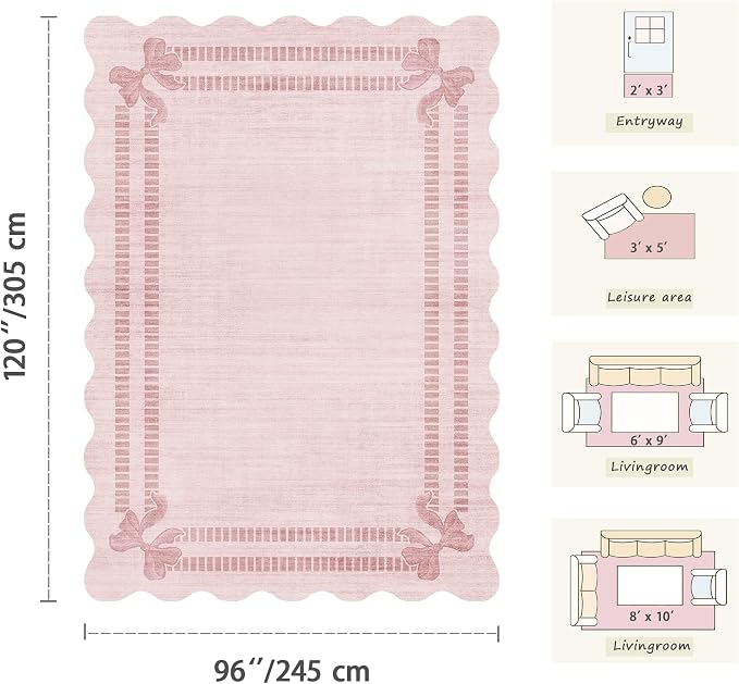 Latte&Fog 8x10 Area Rugs for Living Room Washeble Cute Scalloped Pink Rug | for - Image 2
