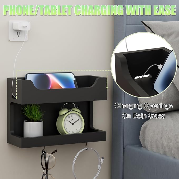 NiHome Bedside Wall Shelf Organizer, Wood 2-Tier Floating Nightstand, Cable - Image 4
