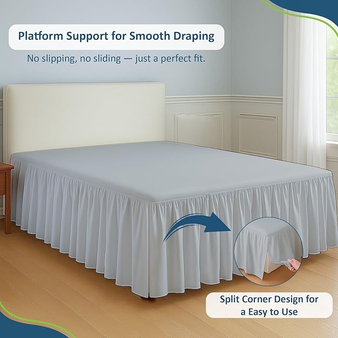 Rajlinen Ruffled Bed Skirt California King, 24 Inch Drop Dust Ruffle with Split Corners, 100% Microfiber Bedskirt with Platform, Three-Sided Coverage Ruffled Gathering Design, Light Grey