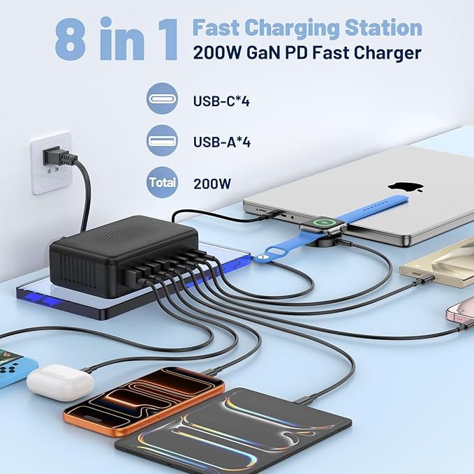 200W USB C Charging Station,8-Port GaN USB C Charger Block,PD 65W Desktop Charger, Power Strip Adapter Compatible with iPhone 17/16/ 15/14,MacBook Air/Pro,DELL,for iPad Pro,Galaxy and More,Black