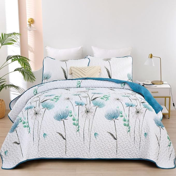 Dinjoy King Quilt Set, 3 Pieces Teal Boho Bedspreads, Fall Flower Bedding | by DINJOY