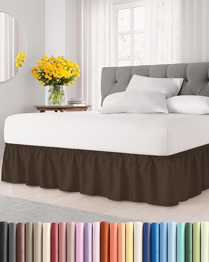 Wrap Around Dust Ruffle Bed Skirt - Brown - for Queen Size Beds with 18 Inch Drop - Easy Fit Elastic Strap - Adjustable Pleated Bedskirt w/Brushed Fabric - Wrinkle Free - for Women, Men, Kids & Teens