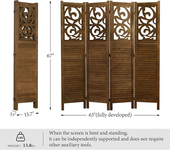 Svimi Folding Room Divider, 5.6Ft 4 Panels Wood Carved Privacy Screens - Image 8