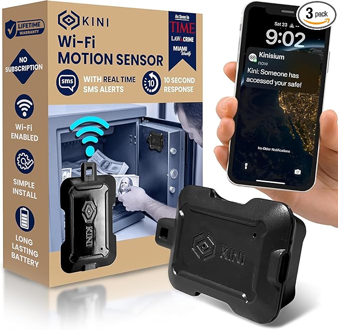 Instant Kini Safe Alert Wi-Fi Motion Sensor Alarm - Real-time SMS, Email, IFTTT - Great for Gun Safes, Cabinets, Home, Office - Easy Install, No Subscription, Long Lasting Rechargeable Battery