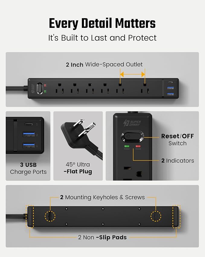 20Ft Long Extension Cord, SUPERDANNY Flat Plug Surge Protector Power Strip | 6 - Image 8