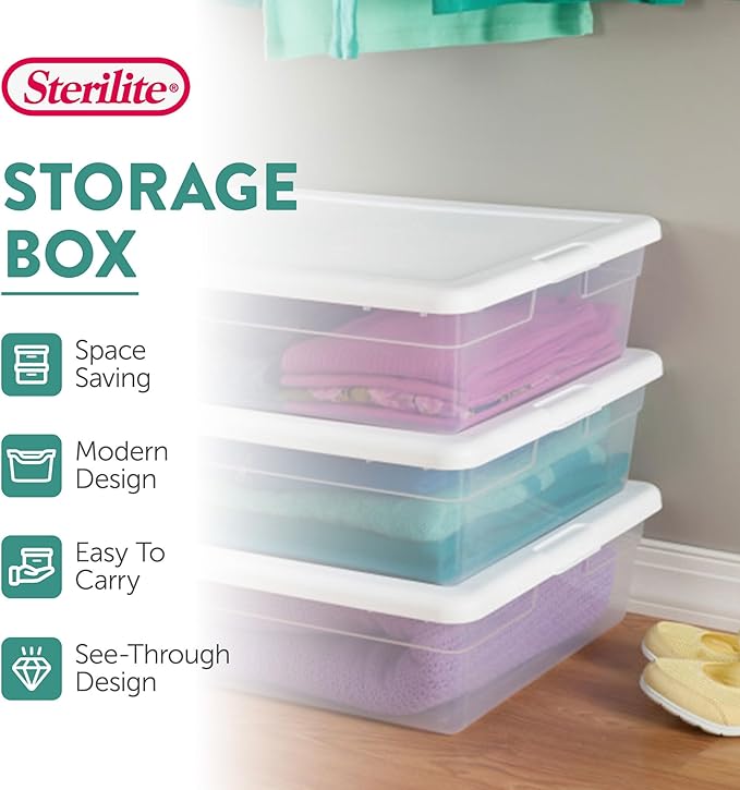 Sterilite 20-Pack Storage Box, Stackable Clear Plastic Bins with Snap-On Lids, 28 Quart