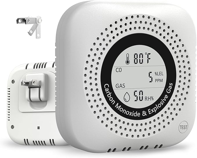 4-in-1 Carbon Monoxide & Natural Gas Leak Detector, Foldable Plug-in CO/Gas Alarm with Temperature & Humidity Display for Home, Apartment, RV