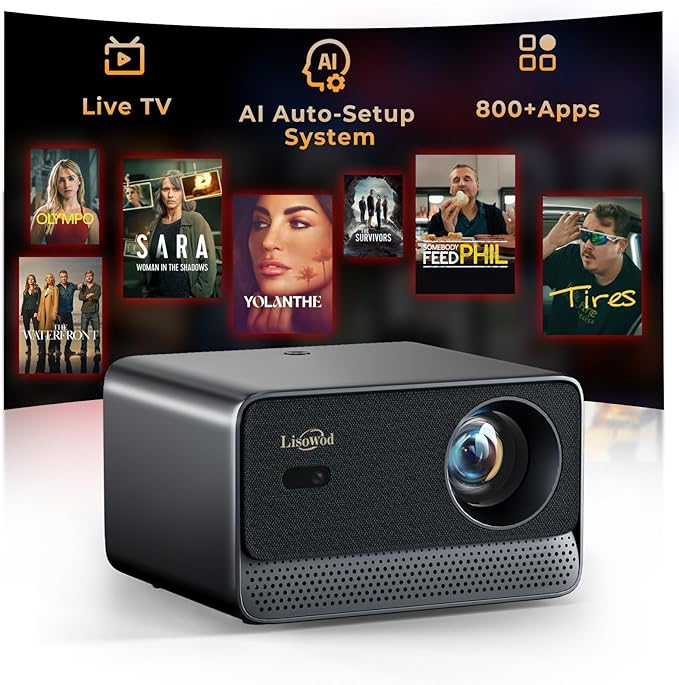 Projector with WiFi and Bluetooth: [1800 ANSI/Ai Auto Focus/800+ Apps/Compatible with Netflix] Outdoor-Projector 4K Support 1080P Smart Live TV Movie Lisowod L03Pro Projector for Home Theater