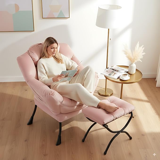 Lazy Chair with Ottoman, Comfy Accent Reading Chair, Velvet Pink | Foldable - Image 6
