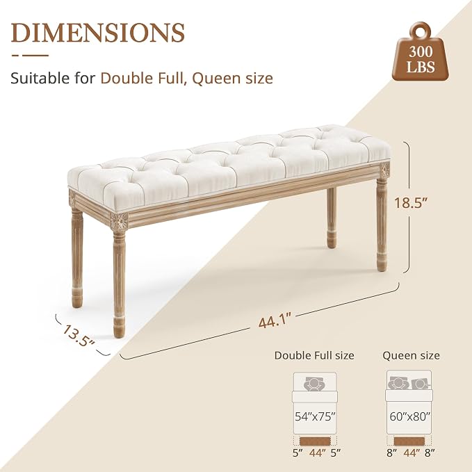 LUE BONA 44" Bedroom Bench, Fabric End of Bed Bench, Upholstered French Tufted - Image 3
