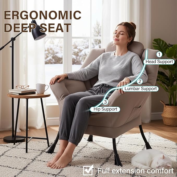 Welnow Khaki Single Lazy Chair for Adults，Modern Reading Accent Chair | A Side - Image 7