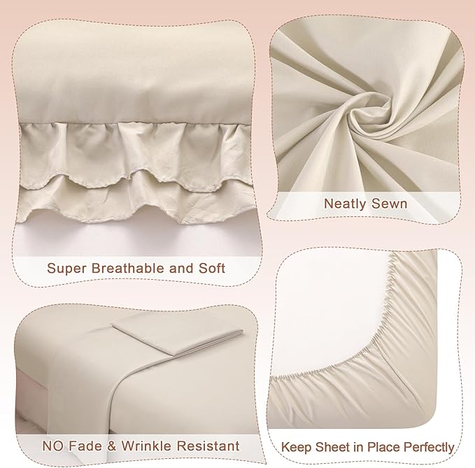 Wowelife Toddler Comforter Set for Girls, Pale Beige Toddler Bedding Set, 4 Pieces Double Ruffles Soft and Breathable Bed Set Includes Comforter, Fitted Sheet, Flat Top Sheet and Pillowcase