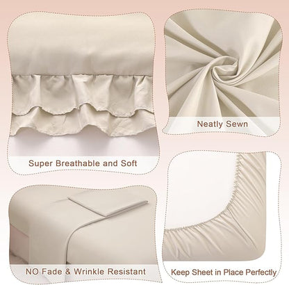 Wowelife Toddler Comforter Set for Girls, Pale Beige Toddler Bedding Set, 4 Pieces Double Ruffles Soft and Breathable Bed Set Includes Comforter, Fitted Sheet, Flat Top Sheet and Pillowcase