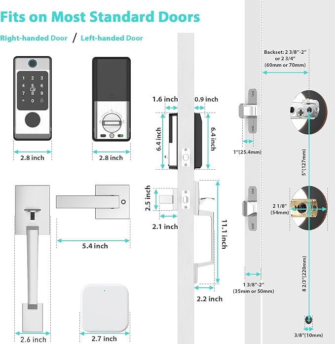 WiFi Smart Locks for Front Door with Handle Sets, Keyless Entry Door Lock Fingerprint Deadbolt, Electronic Digital Touchscreen keypad, App Control, Easy to Install (Silver)