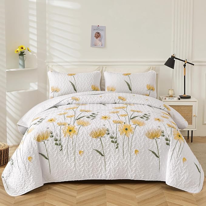 Dinjoy Quilt Set King, Mustard Yellow Floral Bedspread - Image 7