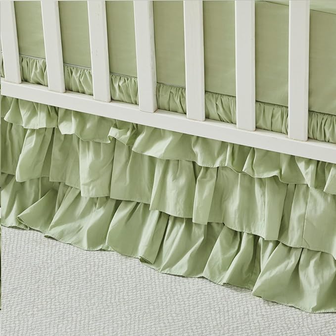 Brandream Crib Skirt Triple Layer Cotton Nursery Bed Skirt for Baby Girls Boys Toddler Bedskirt Solid Color Light Green Dust Ruffle Gender Neutral Farmhouse Chic Boho Bohemian Skirt