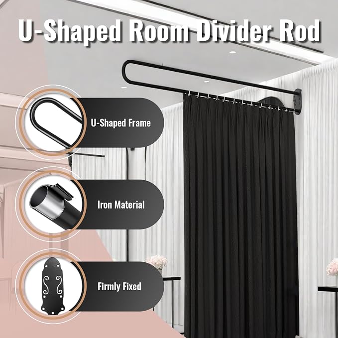 U-Shape Room Divide with Metal Support Rod, Wall Mounted Privacy Partition - Image 3