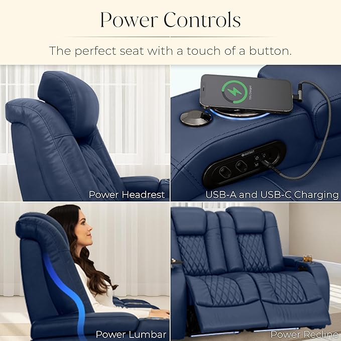 Seatcraft Diamante Zero-Gravity CoolZero Italian Leather Home Theater Seating, Power Headrest, Power Recline, Single Recliner, Navy Blue