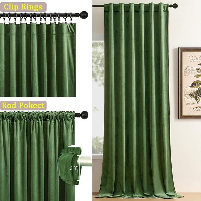 Timeper Moss Green Velvet Curtains 84 inches 2 Panels, Back Tab & Rod Pocket - Image 2