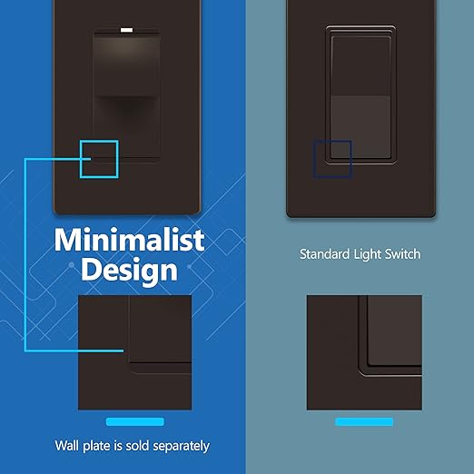 LIDER Minimalist Design Matte Finish Lighted Decorator Switch, Frameless Paddle Light Switch with Locator Light, Grounding Screw, 15A 125V, UL Listed, LS15-1P-BR, Brown