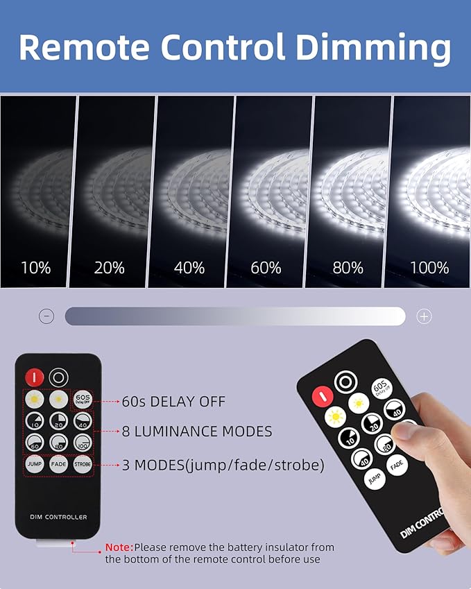 JNGMAIR 20ft LED Strip Lights with Remote, 6500K Daylight White Dimmable Tape Lights, 12V 360 LEDs 2835 Strong Adhesive Rope Lights for Cabinet Kitchen Ceiling Closet Vanity Mirror Stairway Basement