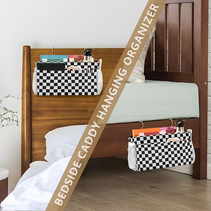 Black White Checkerboard Print Bedside Caddy Storage Bag Bedside Organizer - Image 6