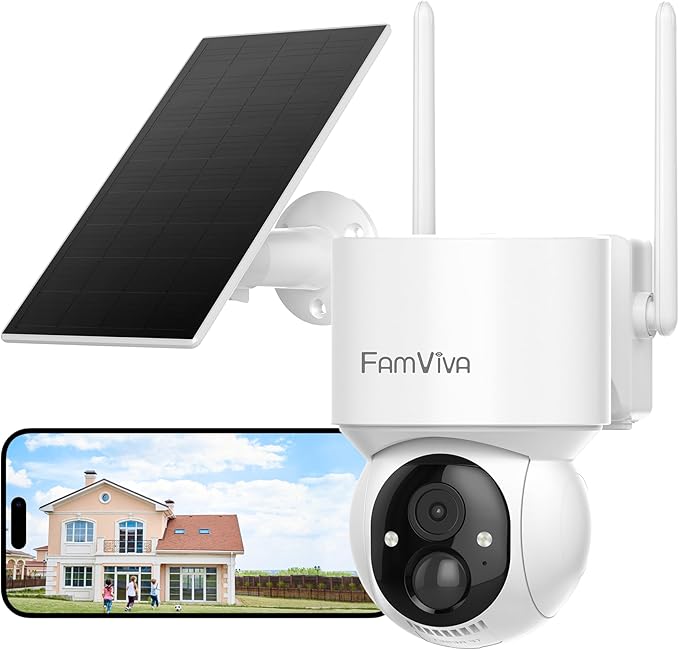 FAMVIVA 2K Solar Security Cameras Wireless Outdoor, 360°PTZ Battery Powered Cameras for Home Security, 2.4G WiFi Outdoor Camera with Color Night Vision, IP66 Waterproof, Motion Sensor Alarm, White