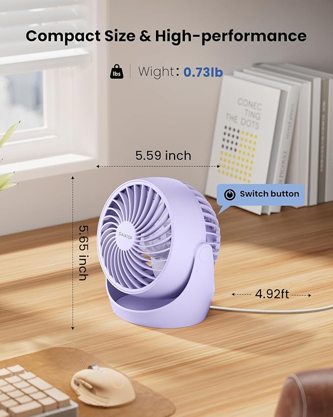 Gaiatop Desk Fan, 5-Inch Portable Electric Table Desktop Air Circulator Fans, Small but Powerful with 3 Speed 360° Adjustable Tilt for Cooling Home Dorm Office Bedroom Bathroom Kitchen, Purple