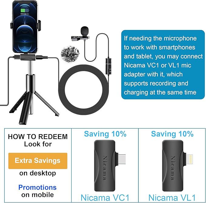 Nicama LVM1 Lavalier Lapel Microphone with Windscreen Muff for DSLR Camera Canon Nikon Camcorder Zoom TASCAM Audio Recorder Smartphone PC