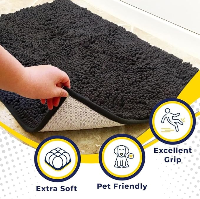 Muddy Mat® AS-SEEN-ON-TV Highly Absorbent Microfiber Door Mat and Pet Rug, Non Slip Thick Washable Area and Bath Mat Soft Chenille for Kitchen Bathroom Bedroom Indoor and Outdoor - Charcoal 24" x 96"