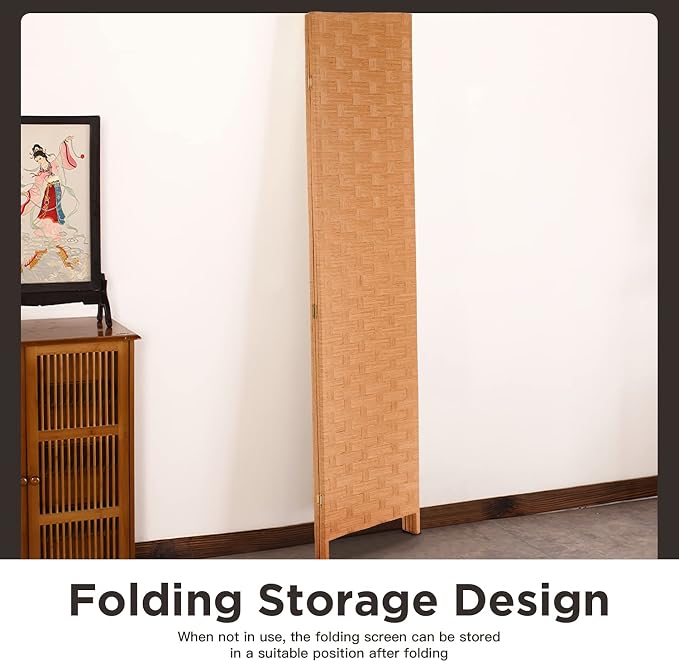 Wood Mesh Woven Design 4 Panel Folding Wooden Screen Room Divider - Image 6