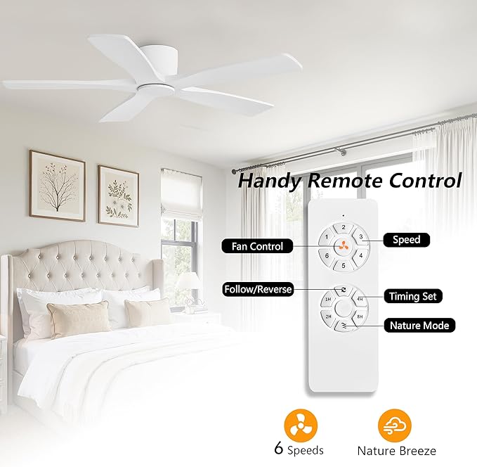 WINGBO 48" Flush Mount DC Ceiling Fans Without Lights, 5 Carved Solid Wood Blades, 6-Speed Reversible DC Motor, Low Profile Hugger Ceiling Fan No Lights for Living Room Bedroom Patio, Gloss White